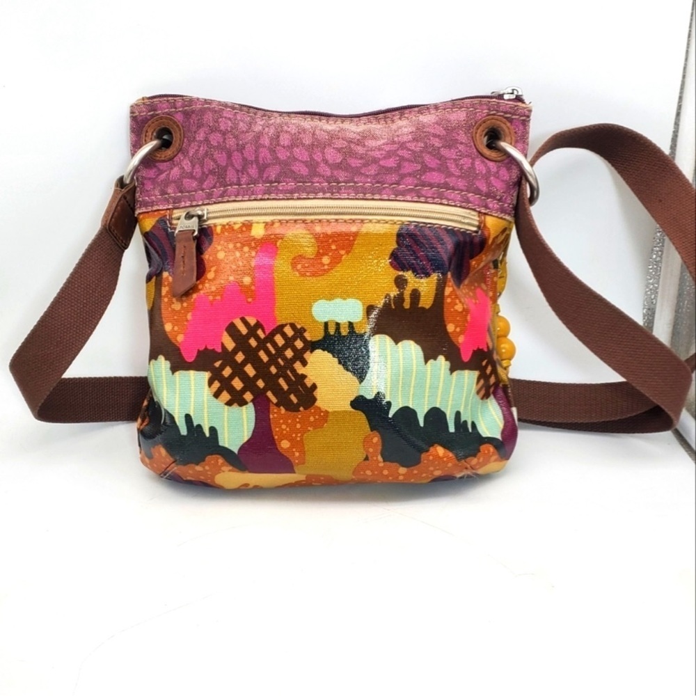 Fossil Key Per Canvas Crossbody Bag Trees Landscape Print Multi Pocket Casual
